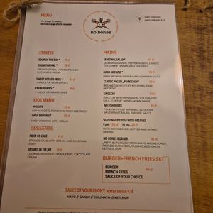 Menu at no bones in Krakow