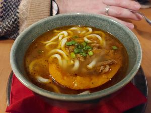 Pumpkin noodle soup at no bones in Krakow