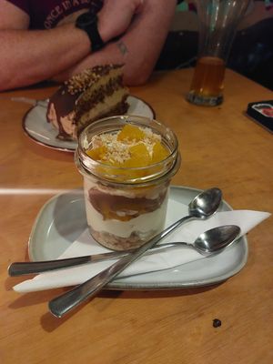 Peach and cream cup pudding at no bones in Krakow