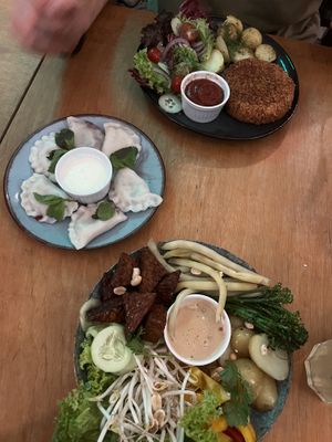 No fish fish. Blueberry pierogi, and the Indonesian dish   at no bones in Krakow