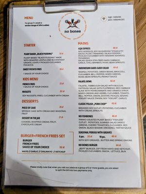 Menu at no bones in Krakow