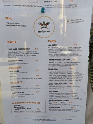 Menu at no bones in Krakow