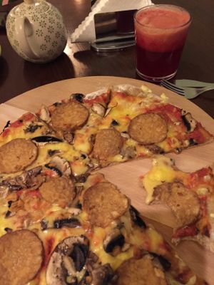 4 mushrooms pizza wholemeal with tempeh  at no bones in Krakow