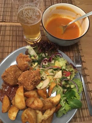 Seitan nuggets, potato wedges & salad / smashing pumpkin soup at no bones in Krakow