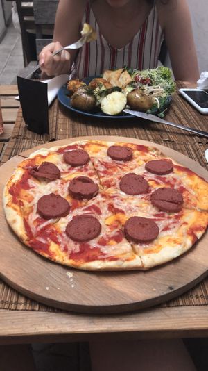 Vegan pizza with salami  at no bones in Krakow