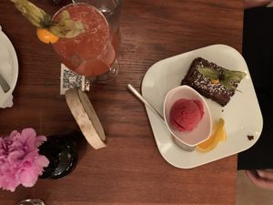 Warm nut brownie with sour cherry sorbet  at Kartoffelhaus in Freiburg
