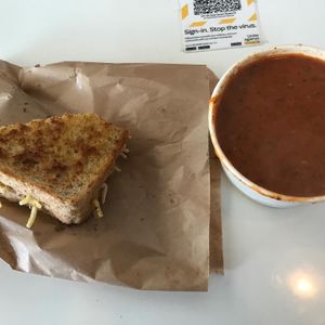 Vegan cheese toastie and spicy tomato soup  at Eat in Ohakune