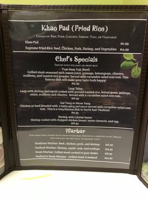 Menu. Most items can be made with tofu and/or vegetables.  at Thai Cafe in Jackson