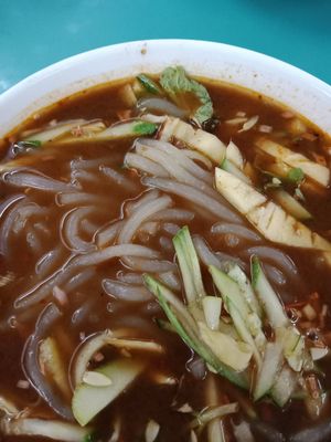 Asam laksa (vegan) with laksa noodles showing. at Chef Wong Vegetarian 黄师傅 in Petaling Jaya