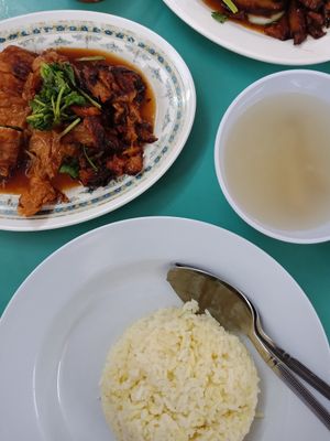 Hainanese 'chicken' and 'char siu' rice. Possibly the best in town. All meals come with complimentary soup. at Chef Wong Vegetarian 黄师傅 in Petaling Jaya