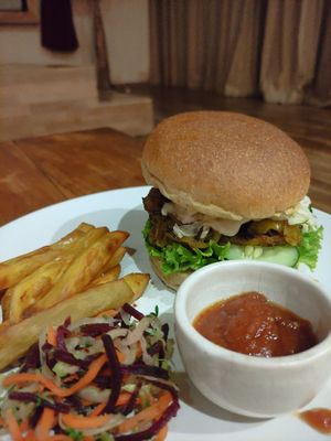 Vegan seitan burger at Paradiso in Ubud