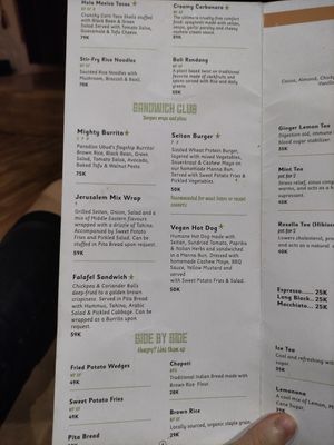 Menu at Paradiso in Ubud