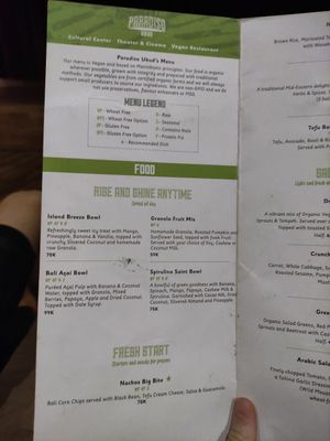 Menu at Paradiso in Ubud