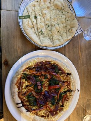 Vegan vegetariano pizza (made vegan on request) and vegan garlic breadd  at Bella Italia in Liverpool