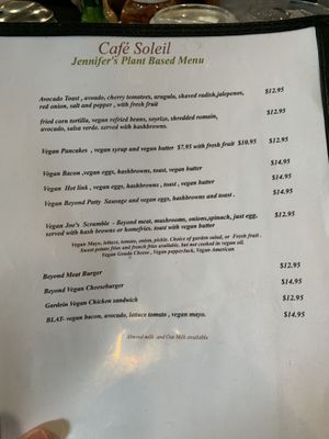 Vegan Menu at Cafe Soleil in El Sobrante
