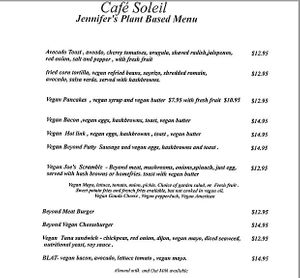 Plant-based menu page at Cafe Soleil in El Sobrante