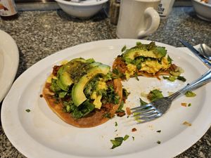 Cafe Soleil has an amazing breakfast tostada with soyrizo, lettuce, avo, and salsa (you can also add just egg) and it's only on the vegan menu!! Their Joe's scramble is also really at Cafe Soleil in El Sobrante