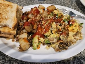 Cafe Soleil has an amazing breakfast tostada with soyrizo, lettuce, avo, and salsa (you can also add just egg) and it's only on the vegan menu!! Their Joe's scramble is also really at Cafe Soleil in El Sobrante
