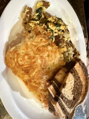 vegan scrambled eggs, hashbown, and buttered rye at Cafe Soleil in El Sobrante
