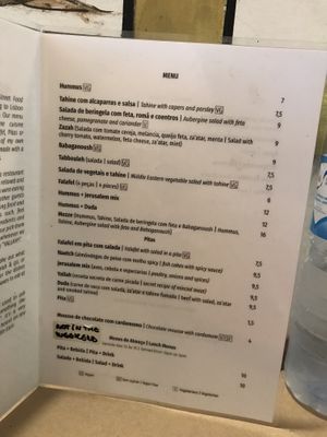 Menu at Yallah in Lisbon