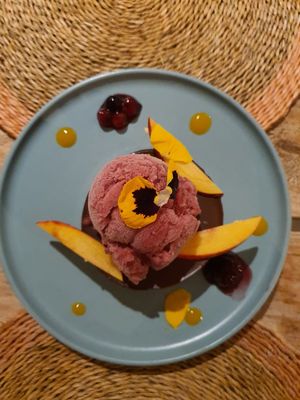 Chocolate coconut and salt flake tart with sorbet  at Es Taller in Valldemossa