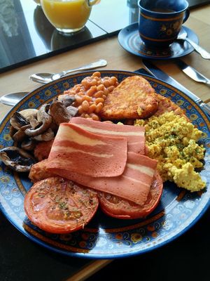 I think this is the best 'fry-up' I've had. Choose what cooked items you'd like from a menu the night before, and it's cooked fresh for you in the morning. at Peasholm Park Vegan B&B in Scarborough