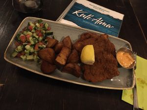 My meal--schnitzel, potatoes, salad. at Kuli Alma in Frankfurt