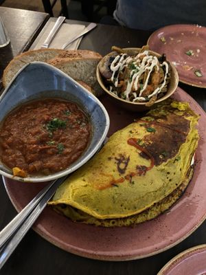 Brunch - Mains (Chickpea Omelette, Shawarma, and bell pepper sauce)   at Kuli Alma in Frankfurt