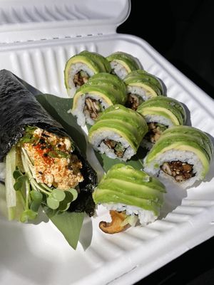 Una tuna hand roll & Annie roll (amazing) at NoW Sushi in San Diego