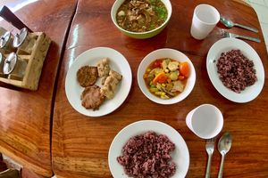 The noodle soup is freshly made. Everything else was pre-made.  at Guan Im in Mukdahan