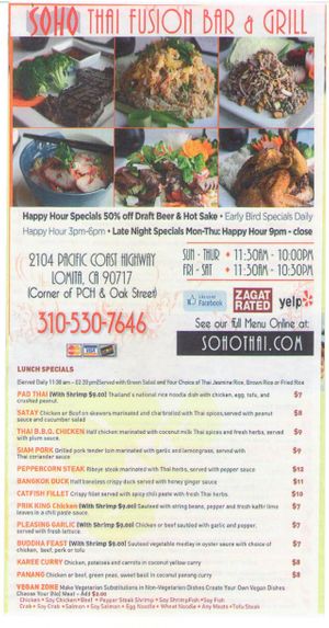 Menu at Soho Thai Fusion Bar and Grill in Lomita