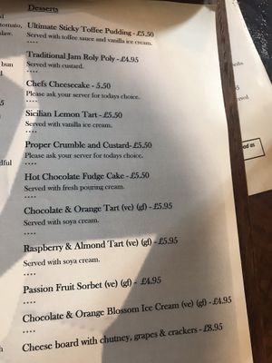 Dessert menu with vegan options marked (ve)  at The Swan Inn in Skipton