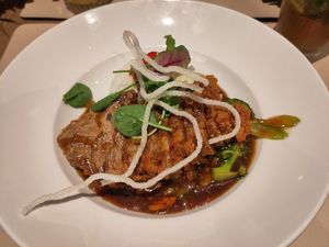 Mock duck made from mushrooms and tofu served with rice and veggies at Banoi  in Neuruppin