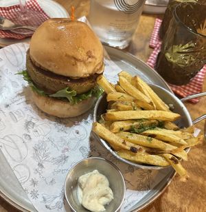 Vegan burger. We smeared the vegan mayo on the burger.  at Orchid Coffee & Restaurant in Monteverde