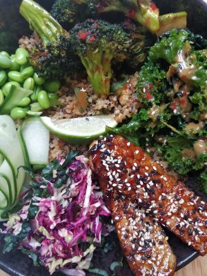 Sticky tempeh and roast broccoli bowl  at Satellite Cafe in Falmouth