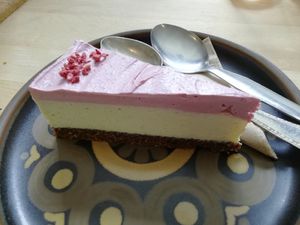 Raspberry and white chocolate raw cheesecake at Satellite Cafe in Falmouth