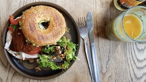 Breakfast Bagel with tofu facon at Satellite Cafe in Falmouth