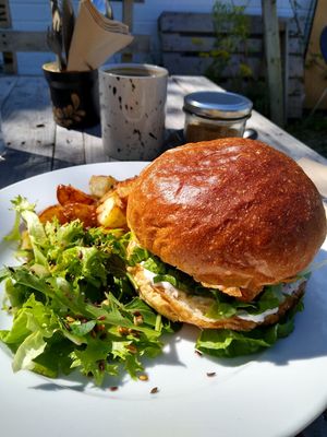 Amazing burger 🍔 YUM! 🌱 at Satellite Cafe in Falmouth