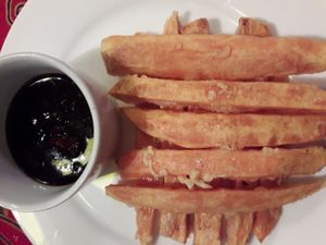 Sweet potato chips served with Selera homemade chilli sauce dip. Either as Starter, or (thw Malaysian way) with tea, teh tarik or kopi kampung (Malaysian strong coffee)  at Selera Malaysia Bistro in Aberdeen