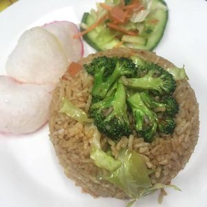 Nasi Goreng Vegan - the flora & fauna within the fried rice family. Vege crackers and Malay style salad on the side. Simple yet flavoursome and sumptous! at Selera Malaysia Bistro in Aberdeen
