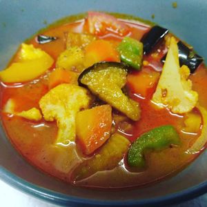 Vegan curry - speciality Malaysian curry spices cooked with coconut milk. Can just eat by itself or with plain rice, coconut rice 'nasi lemak' or roti canai (Malaysian flat-bread at Selera Malaysia Bistro in Aberdeen