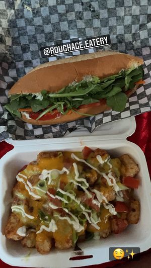 Tots and pesto sandwich  at Roughage Eatery in Winnipeg