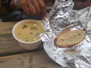 Soup with bread at Roughage Eatery in Winnipeg