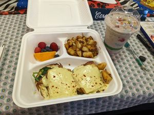 Brunch Benny and fruity shake at Roughage Eatery in Winnipeg