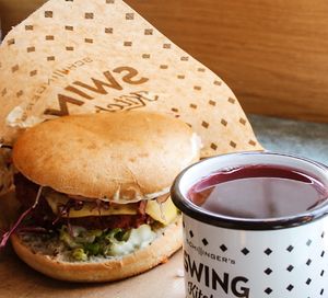 Cheese burger (asked for a side of their barbecue sauce and added on my burger! Delicious!)  at Swing Kitchen - Schwedenplatz in Vienna