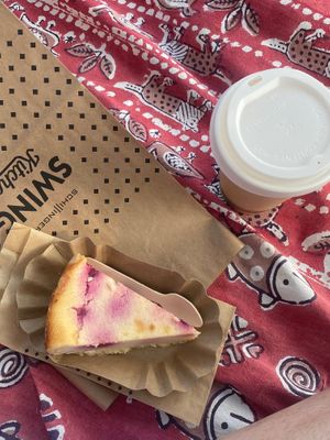 Cheesecake and cappuccino takeaway  at Swing Kitchen - Schwedenplatz in Vienna
