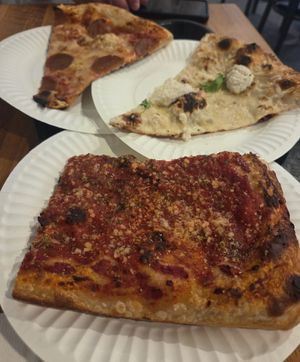 Tomato pie, white pie, and pepperoni at 20th Street Pizza in Philadelphia