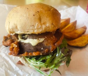 portobello mushroom burger with wedges at Real Food 真食 - Novena in Central Singapore