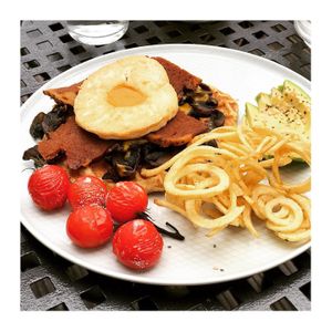 Waffle, tofu egg, seitan, mushroom & spinach sauté at The Carrot's Tail in Rathmines