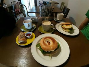 Sausage roll, bagel with zalmon, breakfast burger with "egg" at The Carrot's Tail in Rathmines